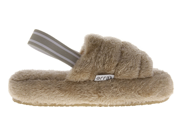 Sandalia tipo pantufla color beige con textura peluda y correa trasera.