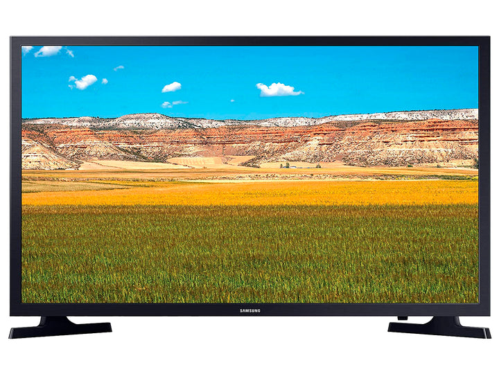 Televisor Samsung de color negro con pantalla plana mostrando un paisaje natural.