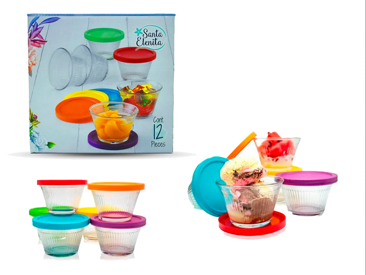 Set de 6 flaneras de vidrio transparente con tapas de plástico multicolores.