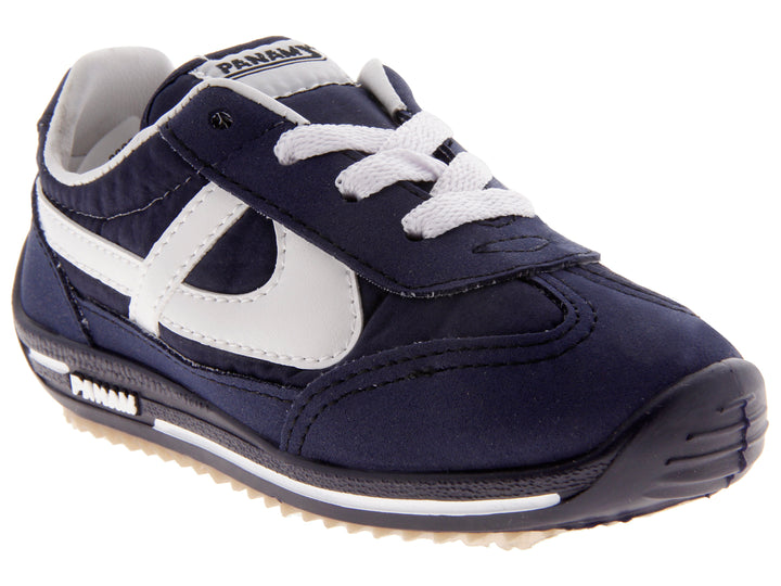 Tenis Panam para niño en color azul marino con detalles y agujetas blancas.
