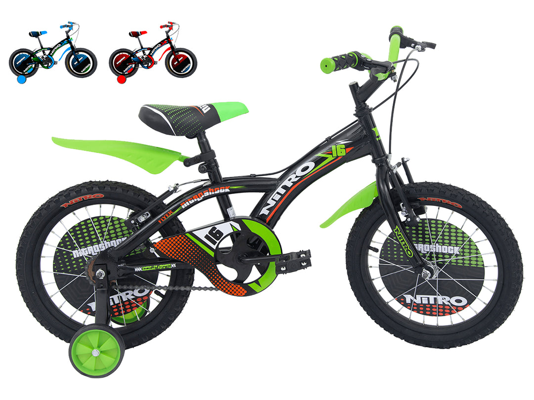 Bicicleta infantil NITRO SHOCK R16 color negro con detalles en verde lima.