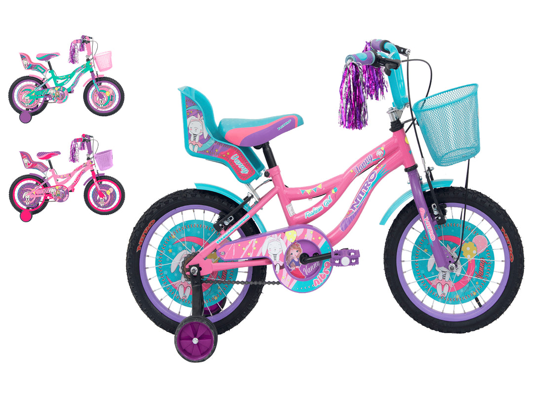 Bicicleta infantil NITRO Vanny R16 en colores rosa, morado y verde con canasta y ruedas de entrenamiento.