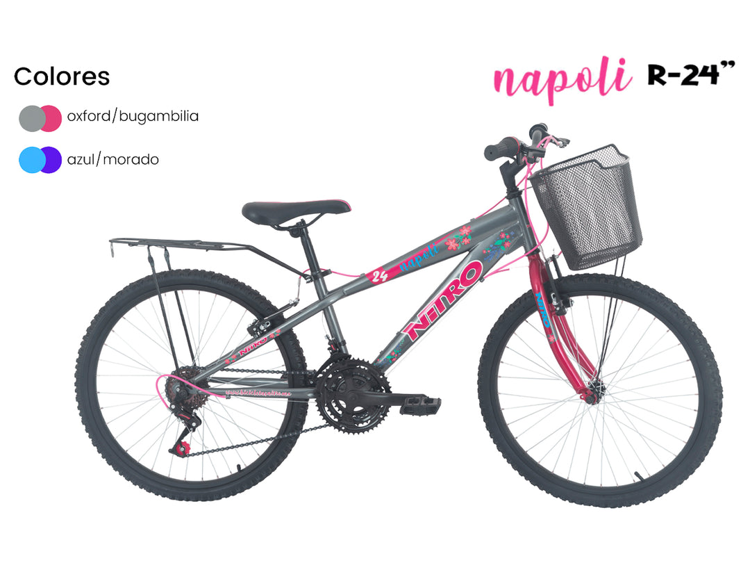 Bicicleta NITRO Napoli R24 color gris y rosa con canasta frontal negra.