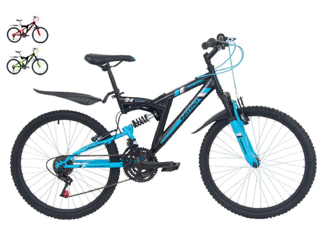 Bicicleta NITRO Tunder Hill R24 en colores azul y negro con suspensión delantera y trasera