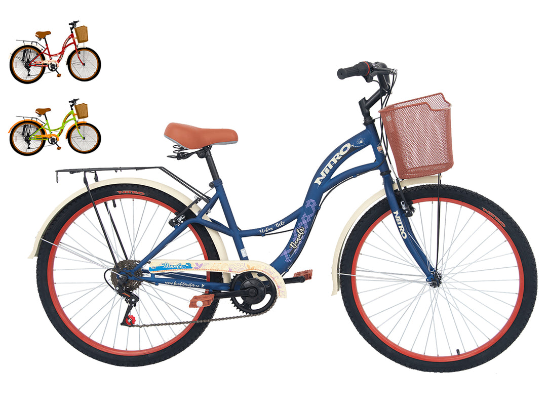 Bicicleta NITRO Denali R26 color azul con canasta marrón y salpicaderas blancas.