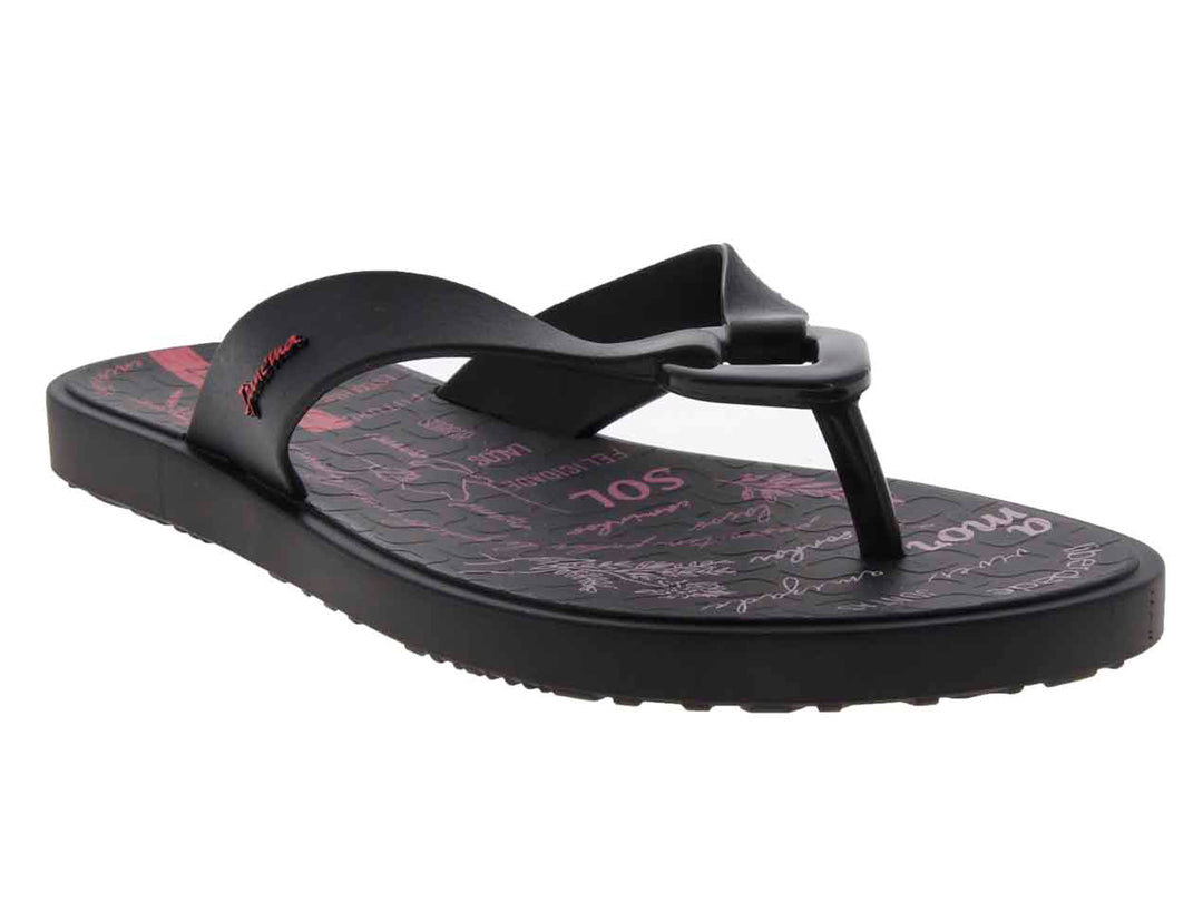 Sandalias Ipanema negras para mujer con detalles estampados en color rosa.
