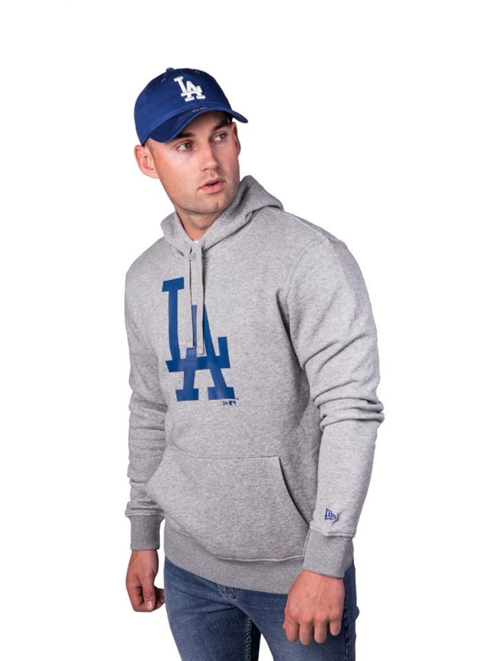 Sudadera gris con capucha y logotipo azul de los Dodgers de Los Ángeles.