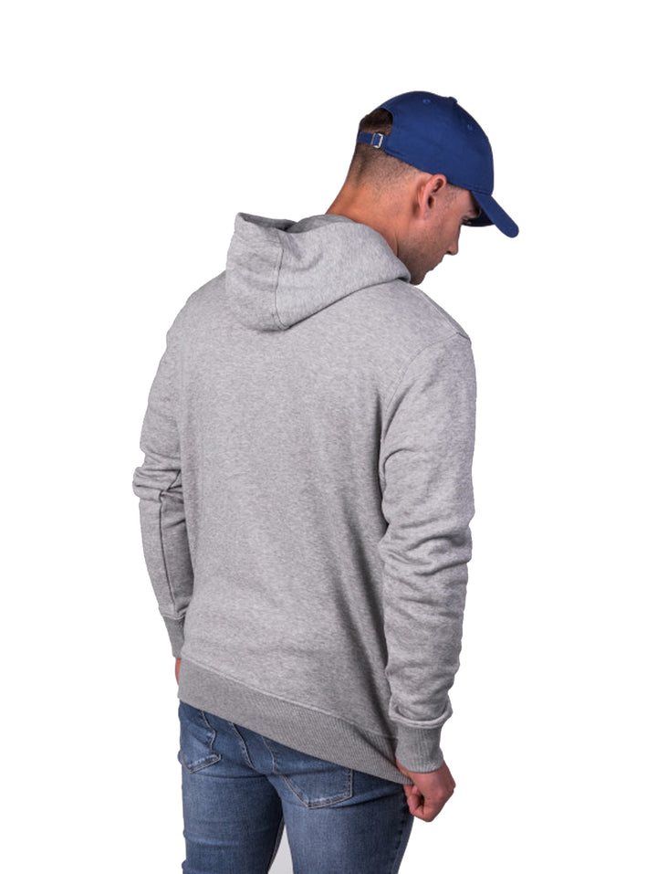Sudadera gris con capucha y logotipo azul de los Dodgers de Los Ángeles.