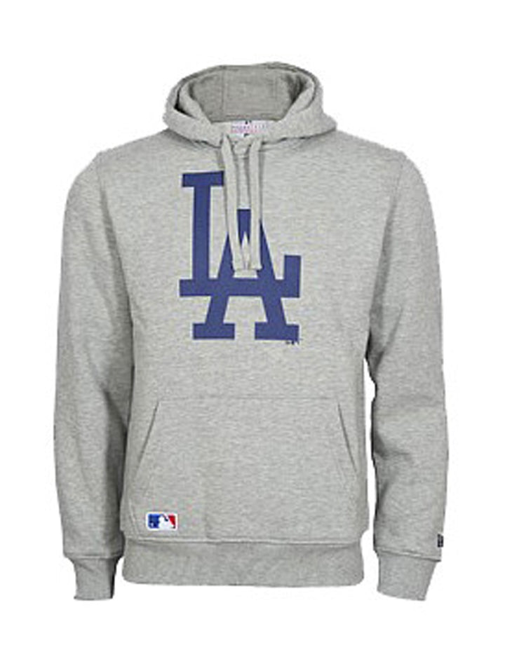Sudadera gris con capucha y logotipo azul de los Dodgers de Los Ángeles.