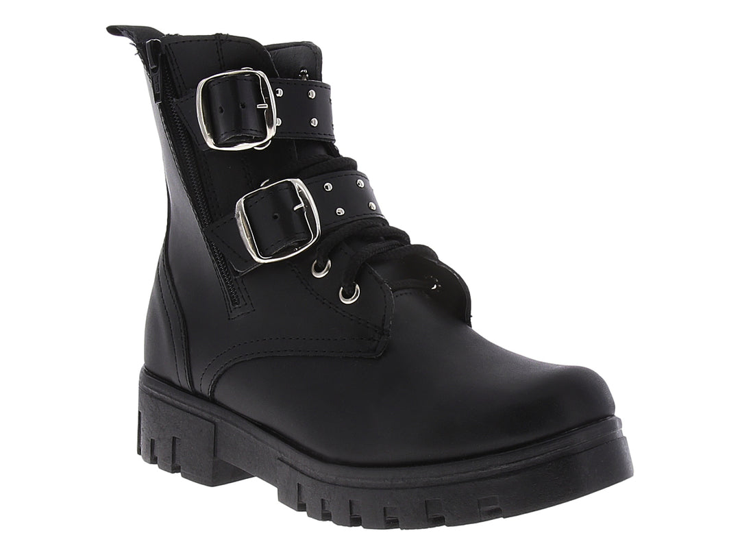 Bota combat negra para mujer con plataforma, hebillas plateadas y cierre lateral.