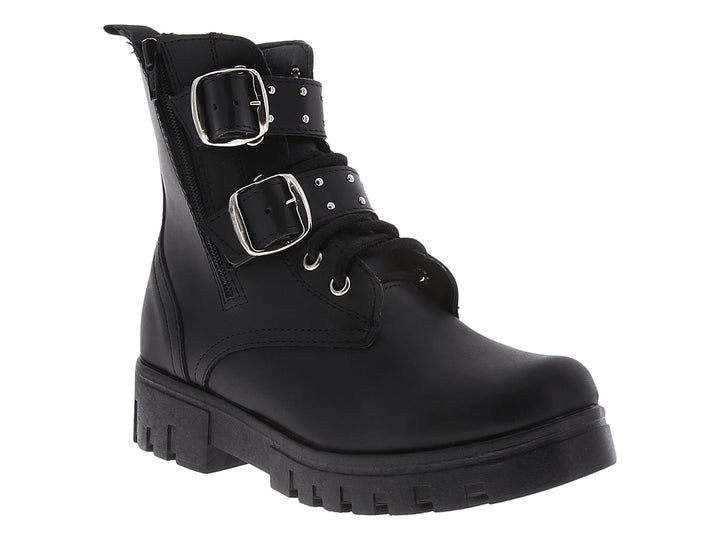 Bota combat negra para mujer con plataforma, hebillas plateadas y cierre lateral.