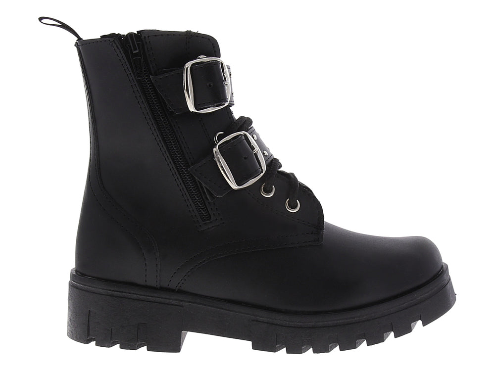 Bota combat negra para mujer con plataforma, hebillas plateadas y cierre lateral.