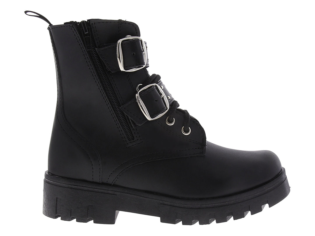Bota combat negra para mujer con plataforma, hebillas plateadas y cierre lateral.