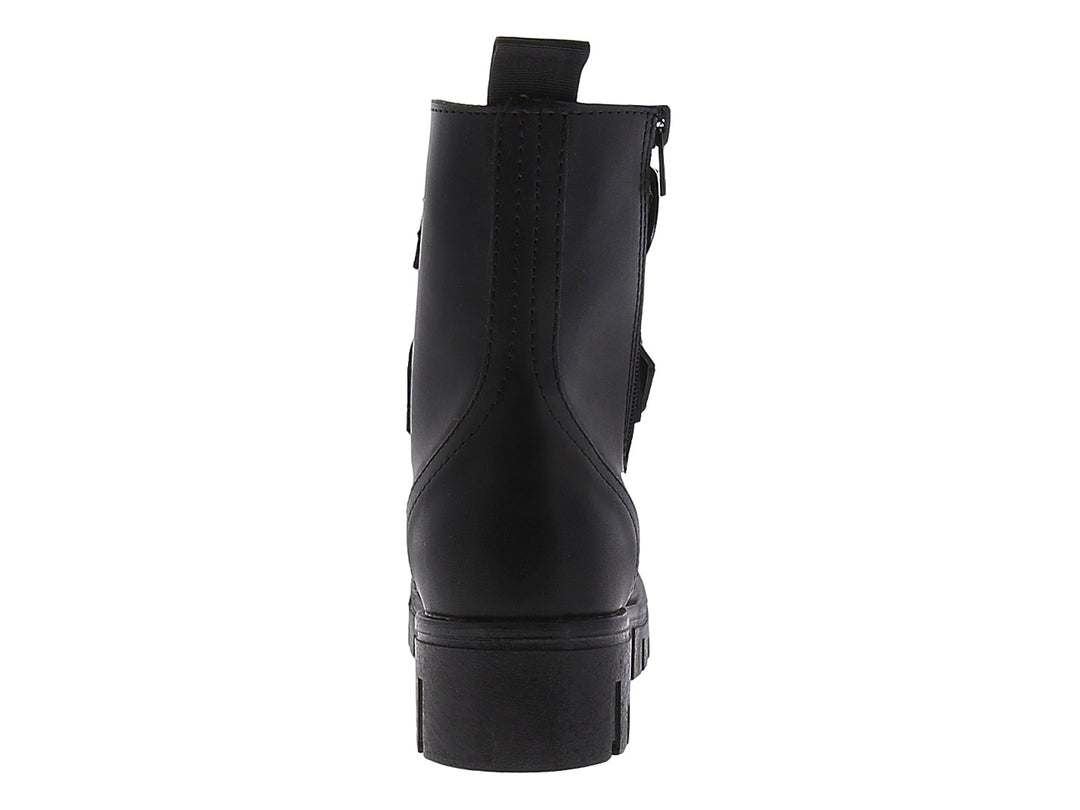 Bota combat negra para mujer con plataforma, hebillas plateadas y cierre lateral.
