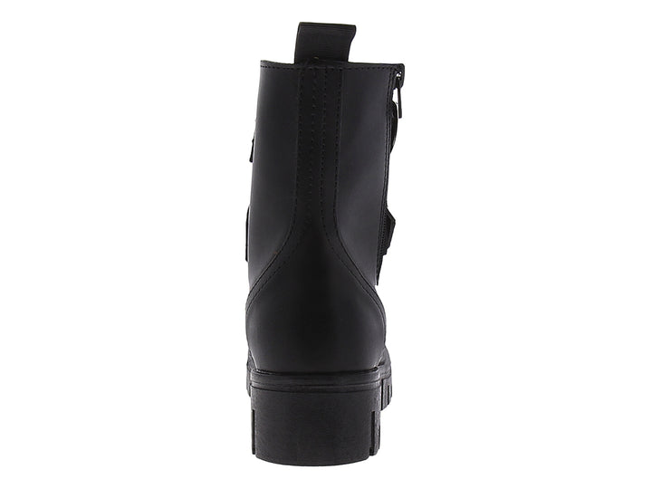 Bota combat negra para mujer con plataforma, hebillas plateadas y cierre lateral.