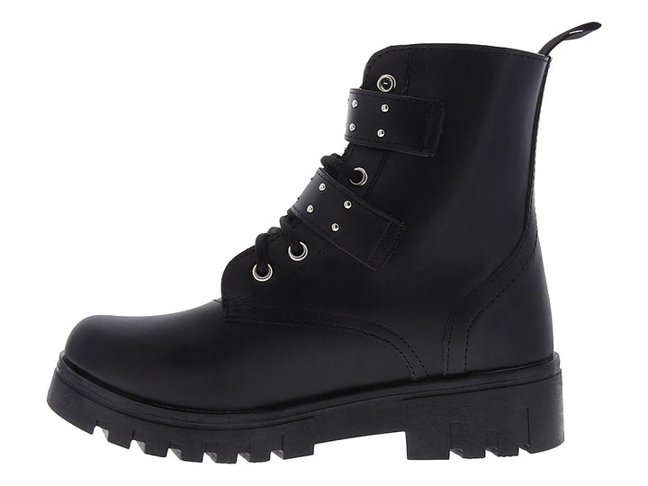 Bota combat negra para mujer con plataforma, hebillas plateadas y cierre lateral.