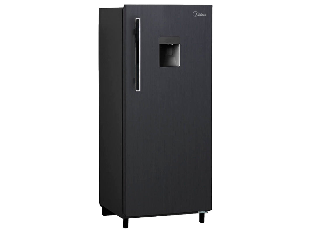 Refrigerador Midea color negro con dispensador de agua frontal y acabado moderno.