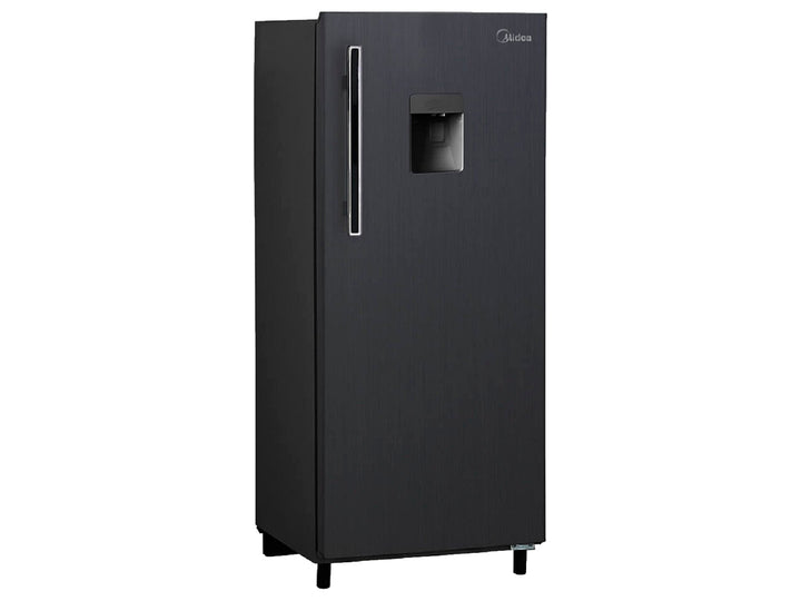 Refrigerador Midea color negro con dispensador de agua frontal y acabado moderno.