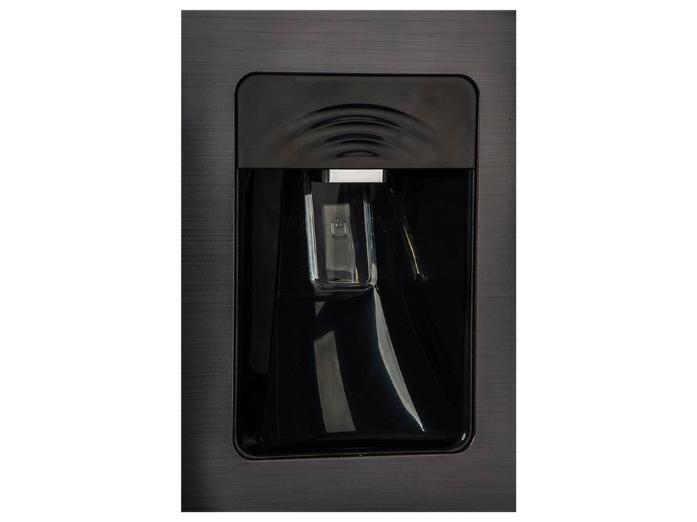 Refrigerador Midea color negro con dispensador de agua frontal y acabado moderno.