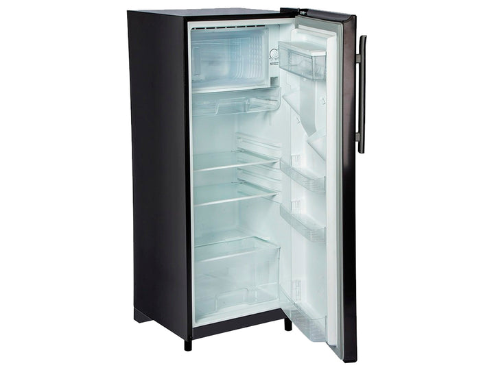 Refrigerador Midea color negro con dispensador de agua frontal y acabado moderno.