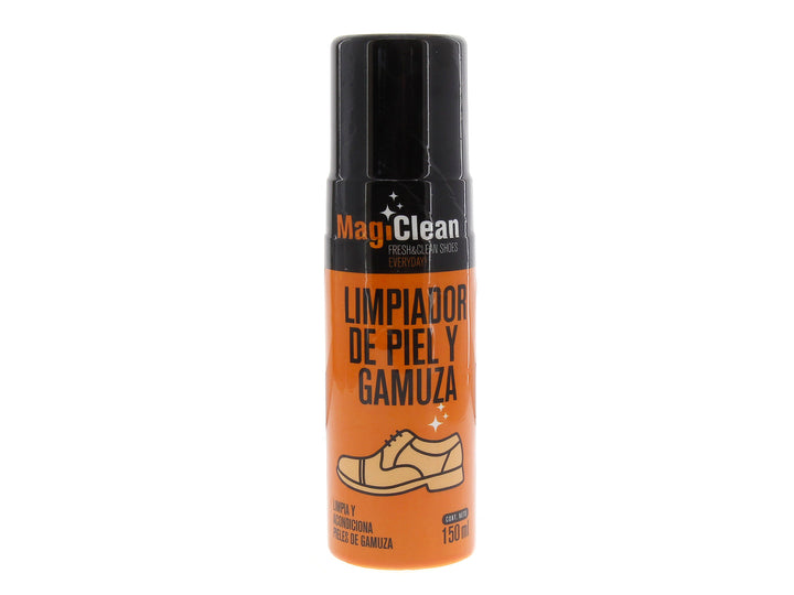 Botella de spray MagiClean limpiador de piel y gamuza en colores naranja y negro.