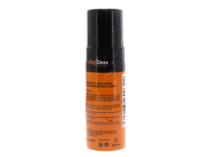 Botella de spray MagiClean limpiador de piel y gamuza en colores naranja y negro.
