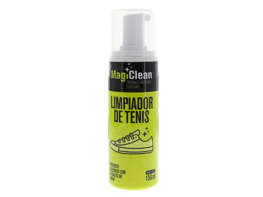 Botella amarilla de limpiador de tenis Magiclean de 150 ml con dispensador de spray blanco.
