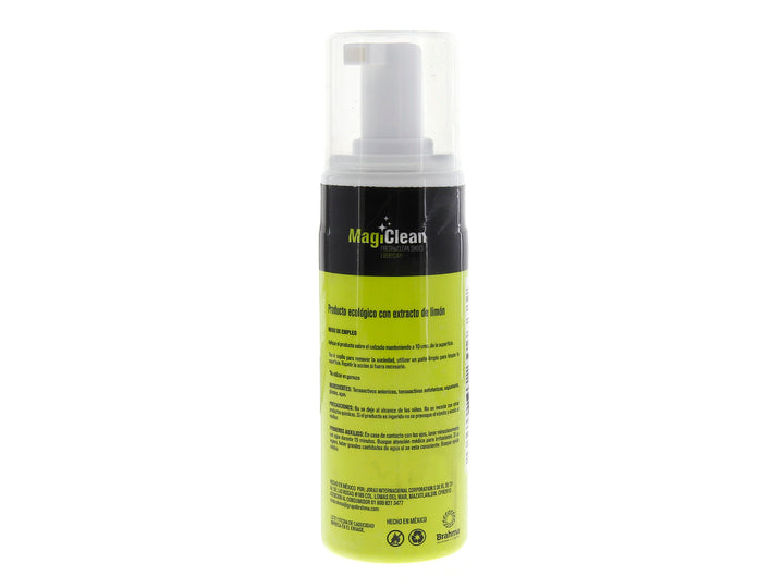 Botella amarilla de limpiador de tenis Magiclean de 150 ml con dispensador de spray blanco.