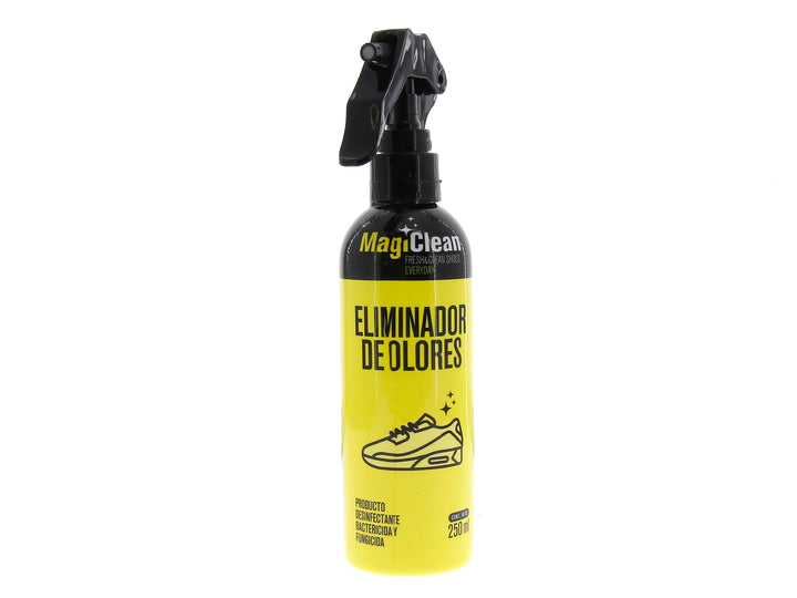 Botella amarilla de spray Magiclean eliminador de olores para calzado con atomizador negro.