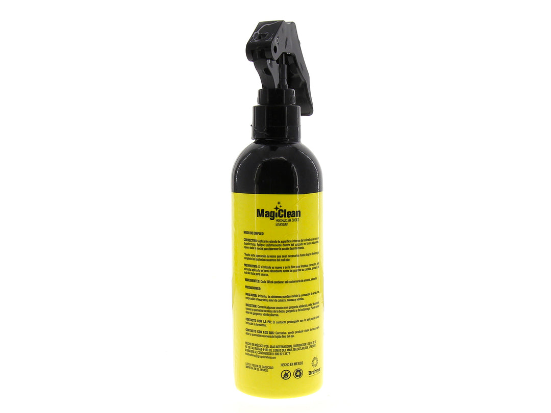 Botella amarilla de spray Magiclean eliminador de olores para calzado con atomizador negro.