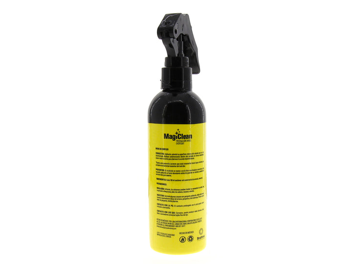 Botella amarilla de spray Magiclean eliminador de olores para calzado con atomizador negro.