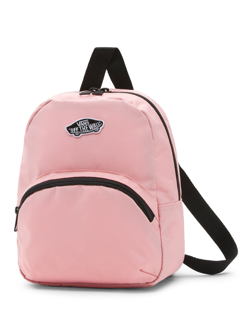 Mochila mini color rosa pálido de la marca Vans con correas y cierres negros.