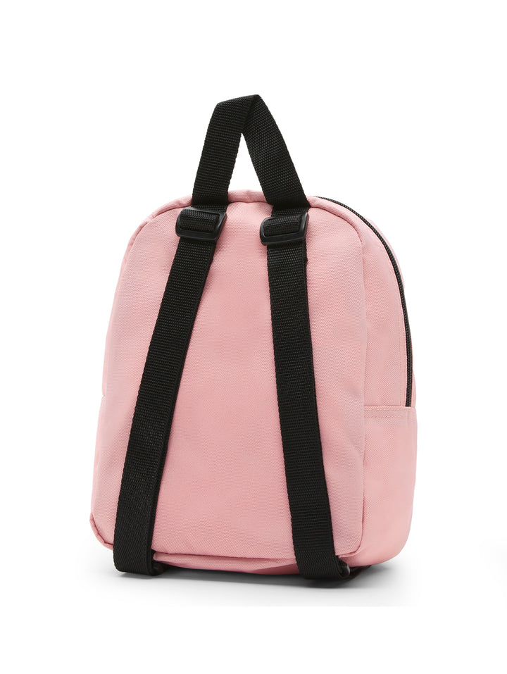 Mochila mini color rosa pálido de la marca Vans con correas y cierres negros.