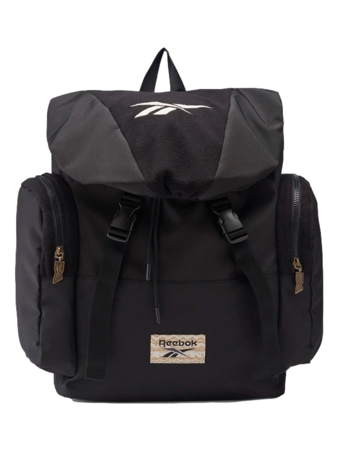 Mochila Reebok de color negro con logotipo blanco y detalles dorados en los cierres.