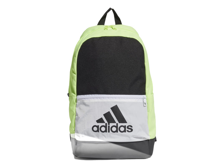 Mochila Adidas deportiva en colores negro, verde neón, blanco y gris con logotipo frontal.