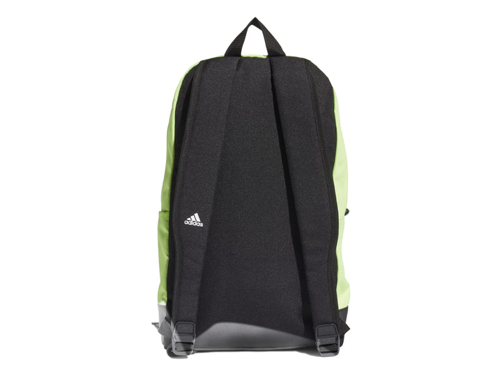 Mochila Adidas deportiva en colores negro, verde neón, blanco y gris con logotipo frontal.
