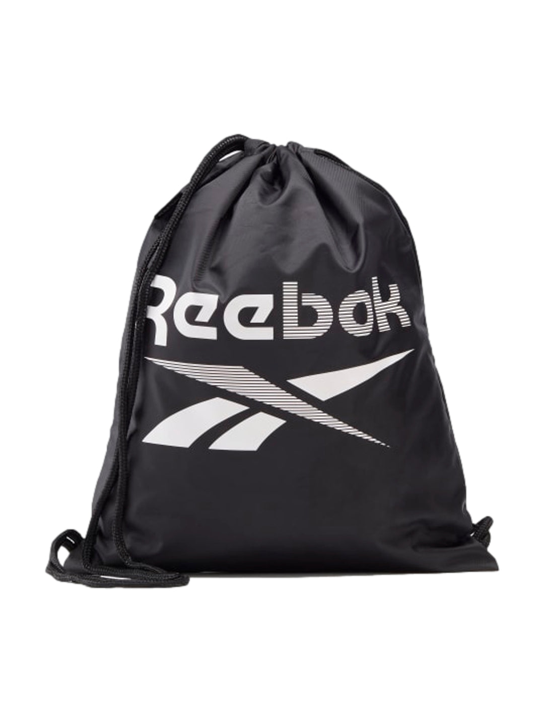 Bolso deportivo negro de Reebok con cierre de cordones y logotipo blanco frontal.