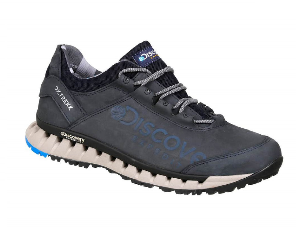 Zapato deportivo Discovery color azul marino con suela beige y detalles azules en la base.