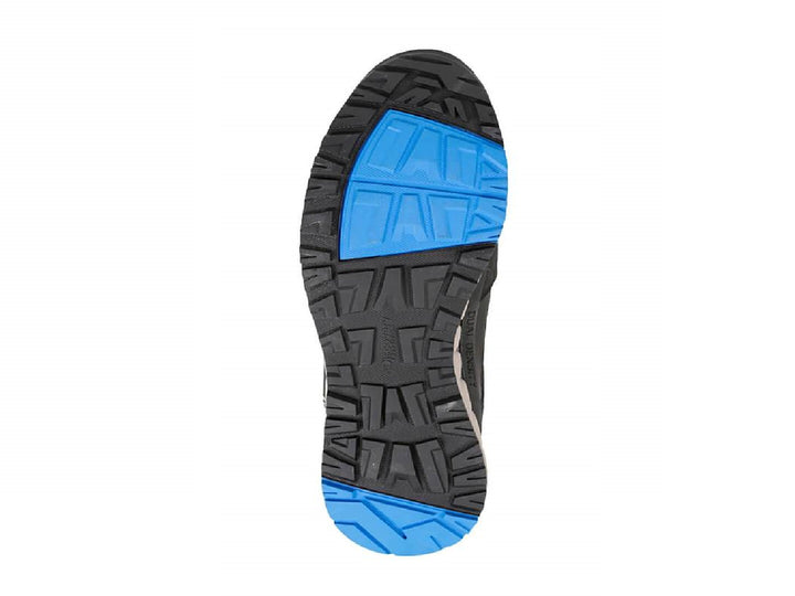Zapato deportivo Discovery de color negro con suela blanca y detalles en azul, estilo trekking.