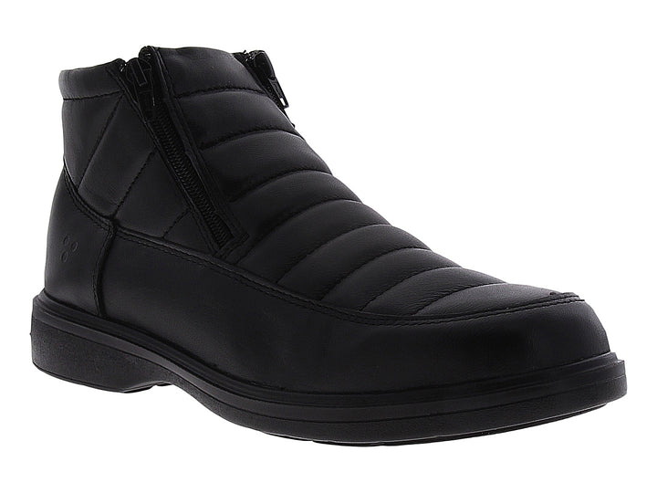 Botín negro para hombre con cierre lateral y diseño acolchado en la parte superior.