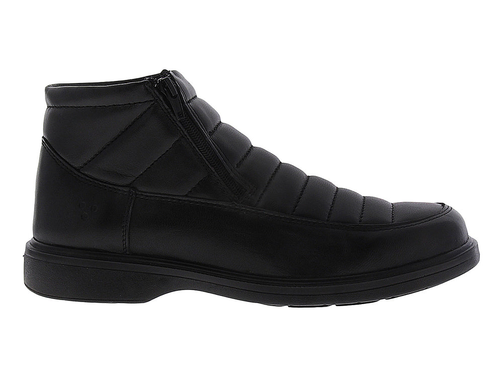 Botín negro para hombre con cierre lateral y diseño acolchado en la parte superior.