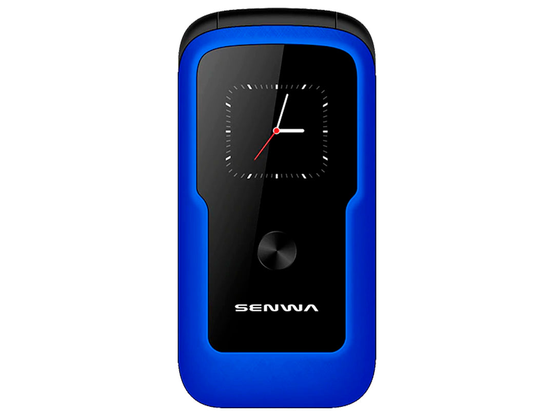 Teléfono celular Senwa de color azul con pantalla frontal negra y diseño compacto.