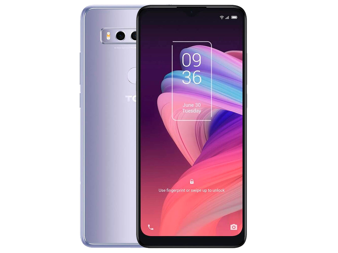 Smartphone TCL TELCEL T766A 10SE color plata, vista frontal y posterior.