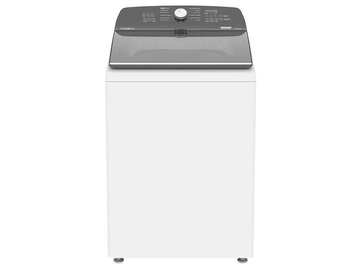 Lavadora Whirlpool de carga superior color blanco con panel de control gris oscuro.