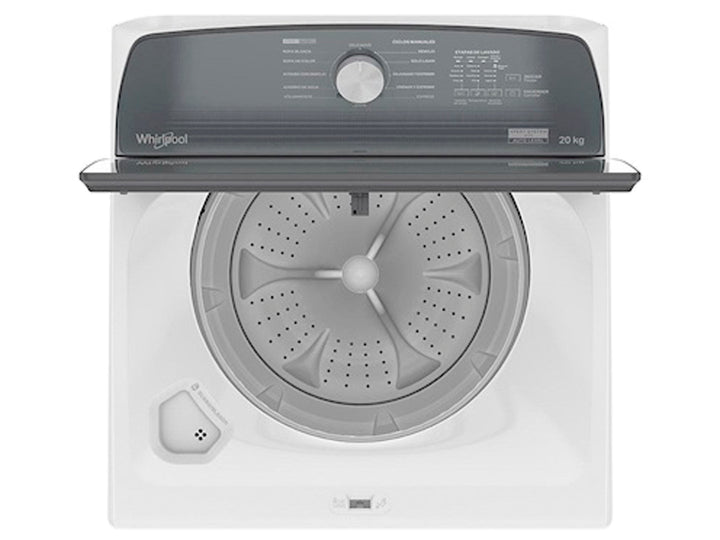 Lavadora Whirlpool de carga superior color blanco con panel de control gris oscuro.