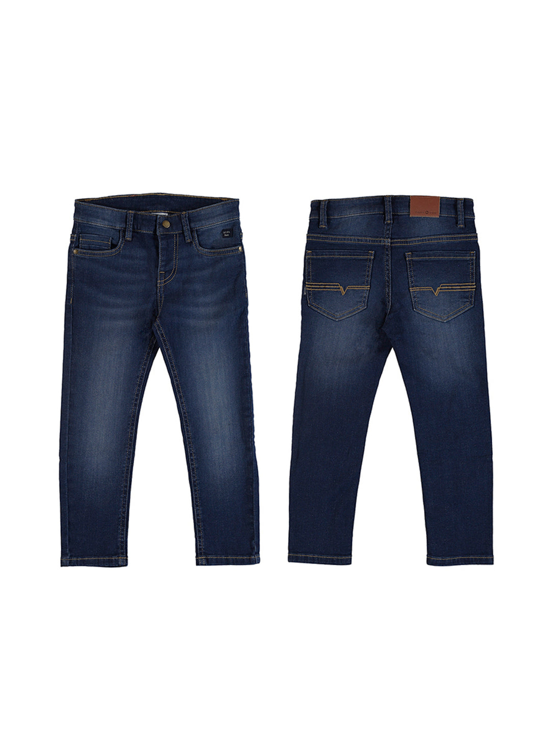 Pantalón de mezclilla azul oscuro para niño, vista frontal y posterior.