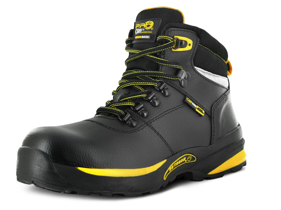 Botas de seguridad Cliff color negro con detalles amarillos para hombre.