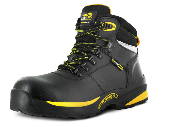 Botas de seguridad Cliff color negro con detalles amarillos para hombre.