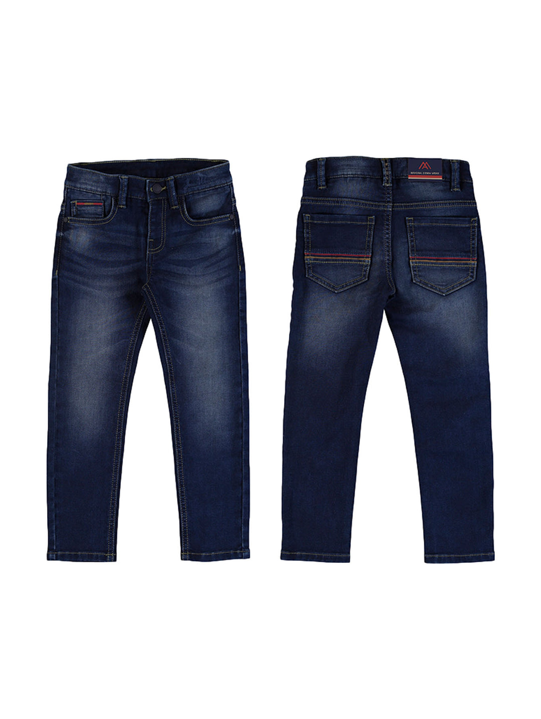 Pantalón de mezclilla azul oscuro para niño con detalles rojos, vista frontal y posterior.