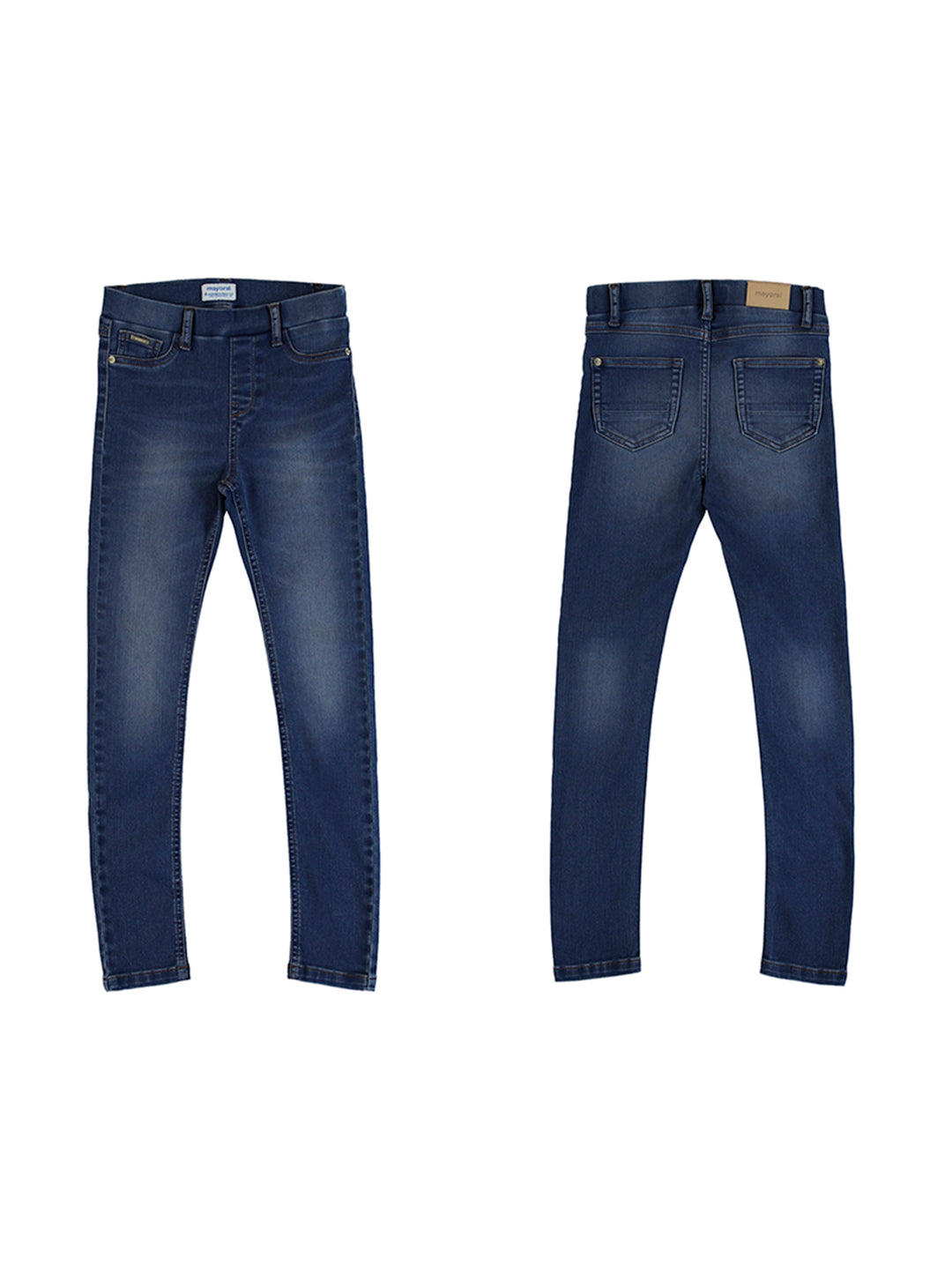 Pantalones de mezclilla azul oscuro para niño, vista frontal y posterior.